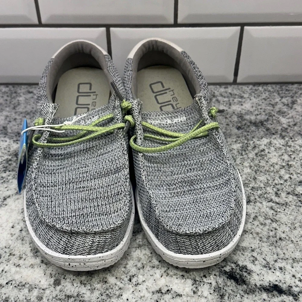 New Hey Dude Kids Y6 Wally Youth Sox Stone White Grey Lime Moccasin Loafer Shoe